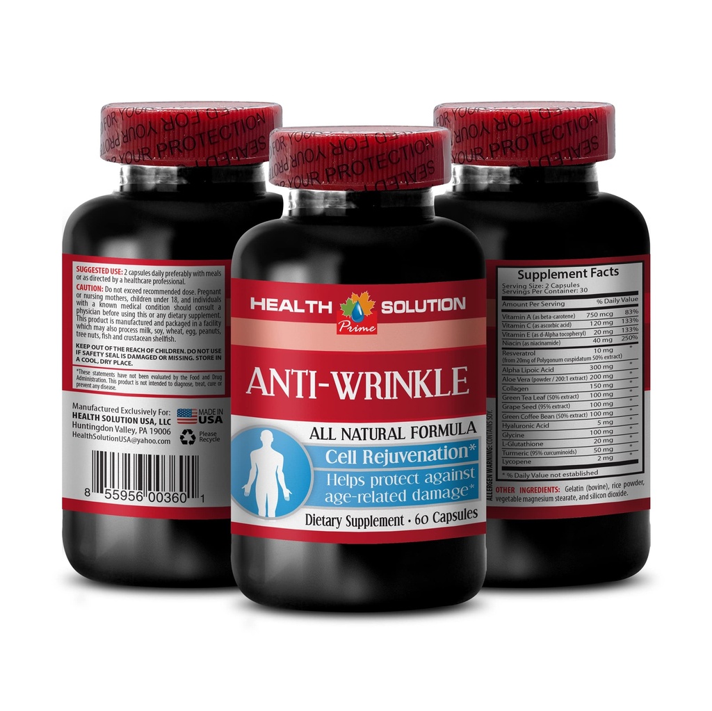 Vitamín E kolagén - ANTI-WRINKLE COMPLEX - Kožné minerály, Anti-aging prírodný vzorec, anti vrásky kapsuly na tvár, sérové anti vrásky, alfa kyselina lipová, anti vrásky pilulky pre ženy, 1B 60 Caps