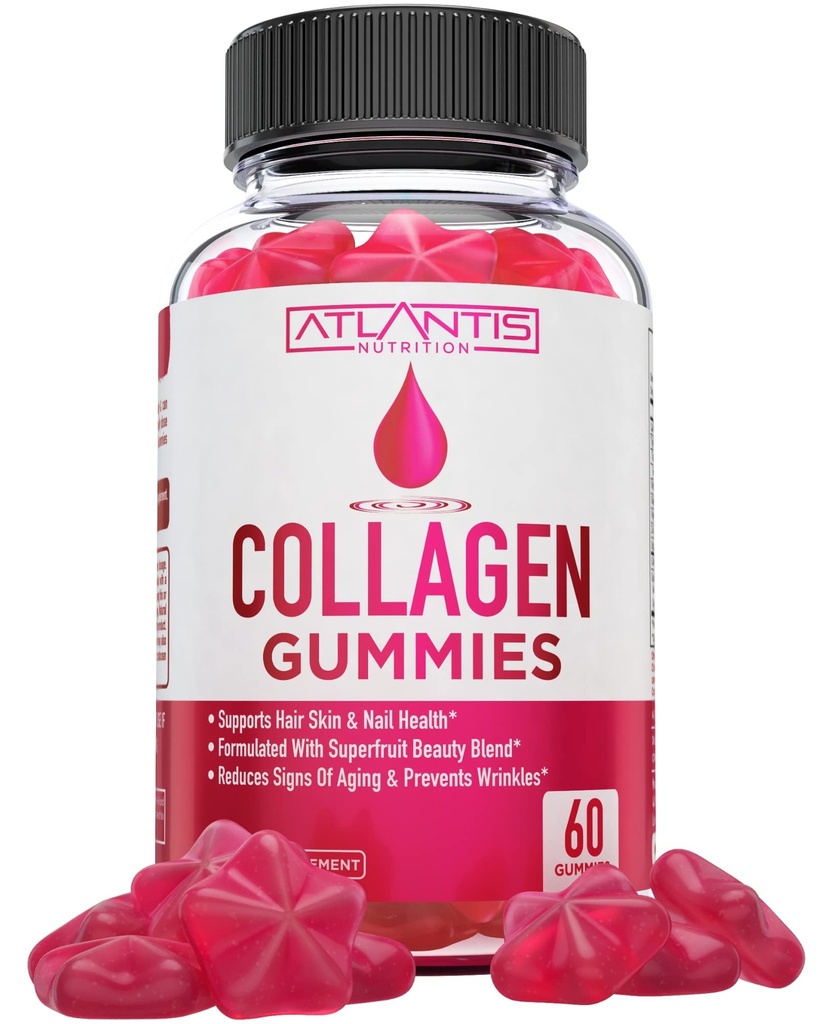 Atlantis Nutrition Collagen Peptidy Gummy pre ženy - Formulované s typ I & III - Vitamín & Superfruit Beauty Blend - Formulované na podporu vlasov, nechty a zdravie kože 