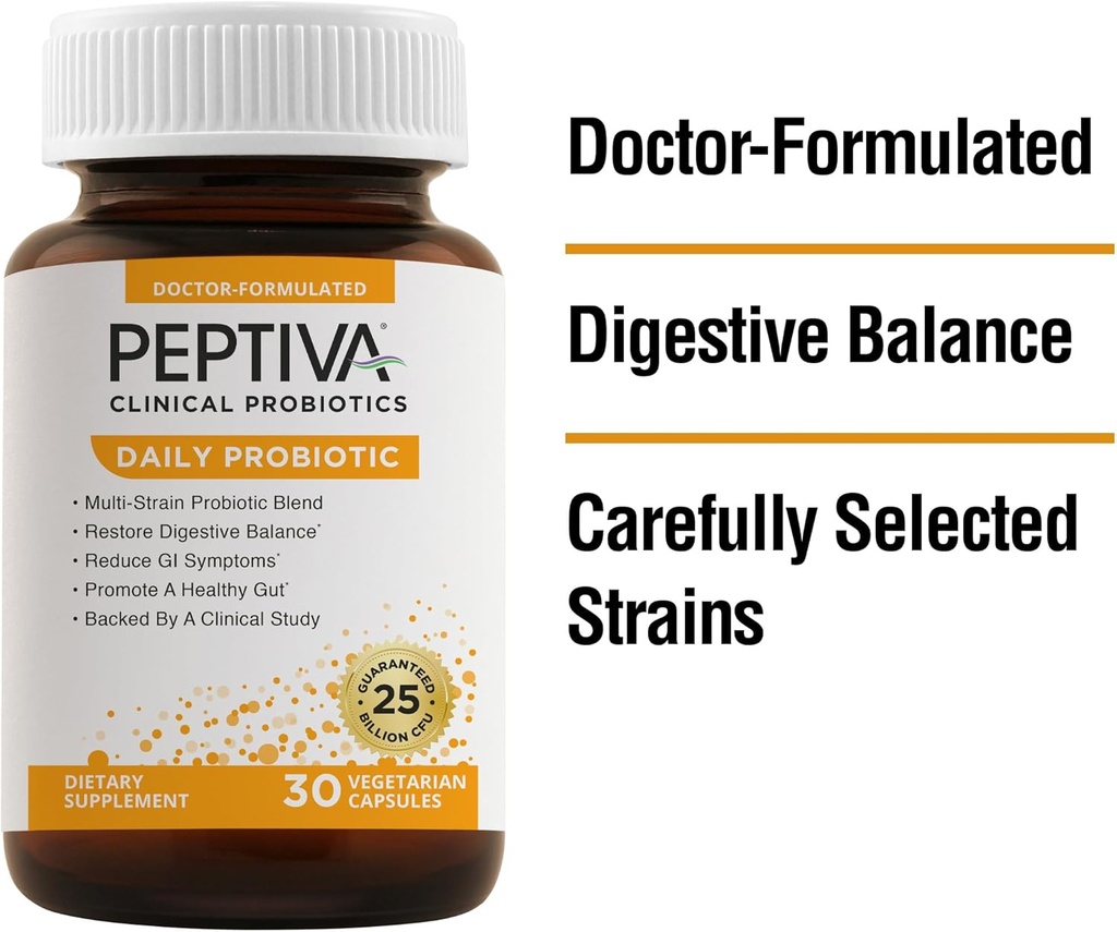 Peptiva Daily Probiotic, 25 miliárd CFU, Multi-kmeňové probiotiká, Lactobacillus Acidophilus, Bifidobacterium, Digestive Suplement Suplement - 30 grófov