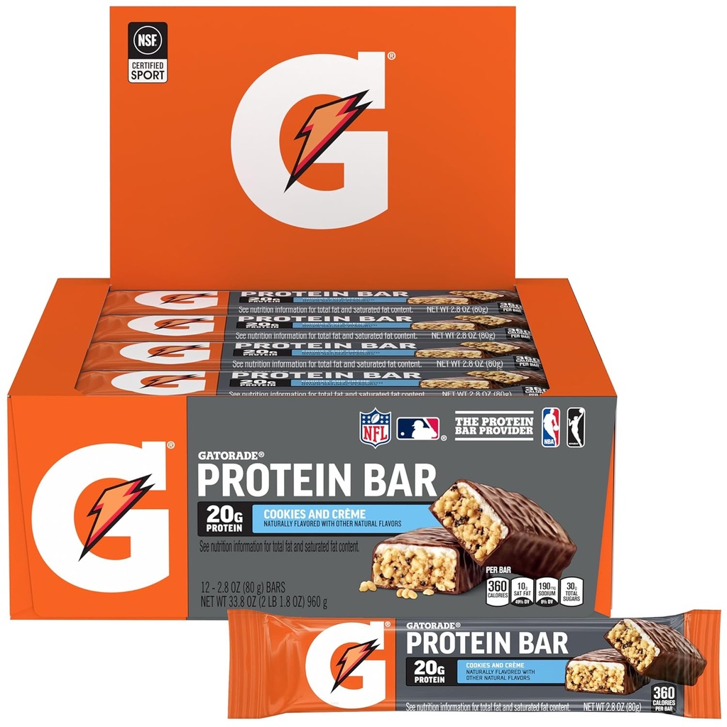 Gatorade Whey Protein Bars, Cookies & Crème, 2.8 oz tyčinky (Pack of 12, 20g proteínu na bar)