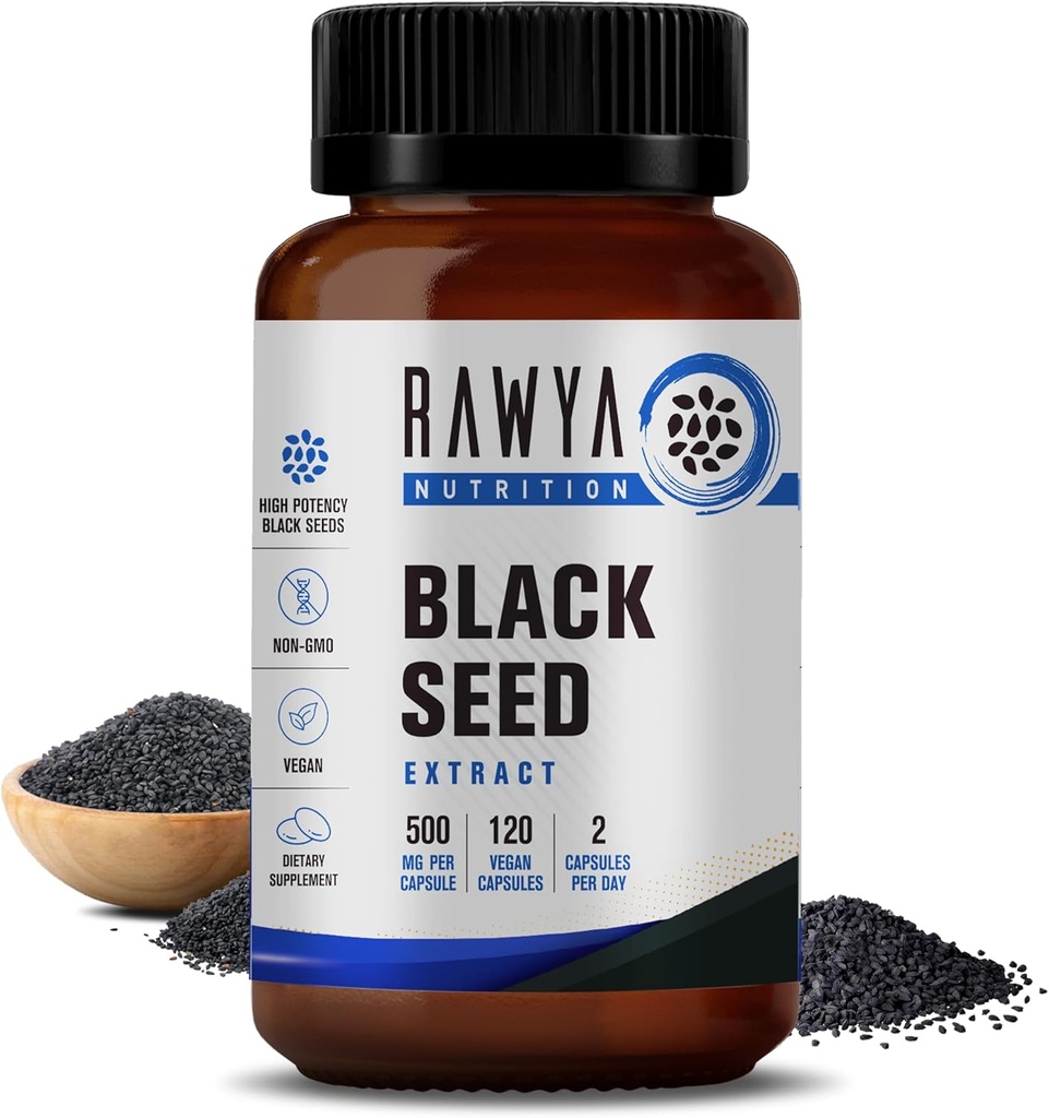 RAWYA Nutrition Black Seed Extract, Nigella Sativa, Black Cumin Seed prášok, 500 mg Každý, podporuje wellness, Flexibility, a Radiant kože, Halal, Vegan, Pure & Natural Supplement - 120 Vegan Kapsule