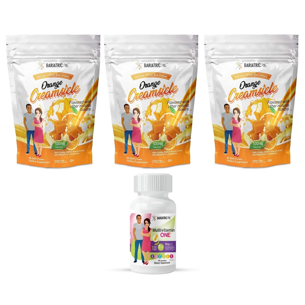 BariatricPal 90-Day Bariatric Vitamin Bundle (Multivitamin ONE 1 per Day! Capsule with 45mg Iron and Calcium Citrate Soft Chews 500mg with Probiotics - Orange Creamsicle)