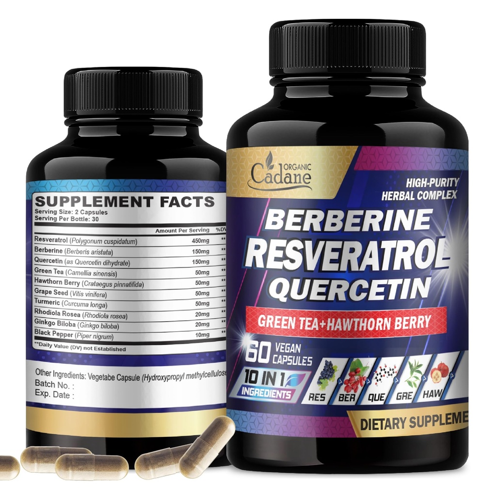 Catane Resveratrol Supplement - 10in1 Plus s Quercetin, Berberine, Zelený čaj, Hroznové semeno, Hawthorn Berry, Turmerica, Rhodiola Rosea, Ginkgo Biloba a Black Pepper - 60 kapsúl