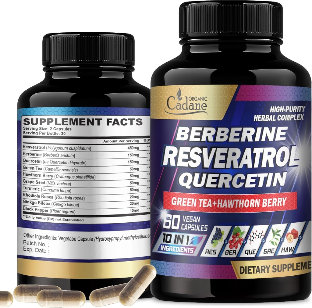 Catane Resveratrol Supplement - 10in1 Plus s Quercetin, Berberine, Zelený čaj, Hroznové semeno, Hawthorn Berry, Turmerica, Rhodiola Rosea, Ginkgo Biloba a Black Pepper - 60 kapsúl