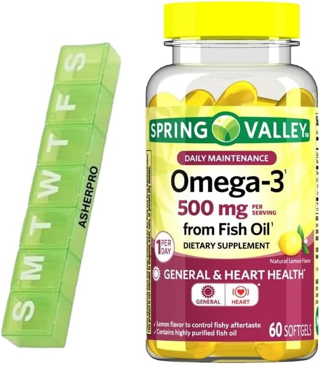 Jarné údolie Omega-3 rybí olej, 500mg, Omega 3 rybí olej, rybí olej Omega 3 doplnky, Omega3, Omega 3 mastné kyseliny doplnky, Rybí olej doplnky, = 60 Počet + Pill Organizátor