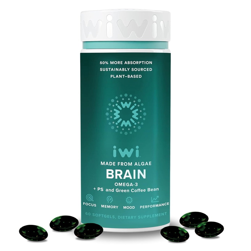 Iwi Life Brain Omega-3, 60 Softgels (30 Servings), Vegan Plant-Based Algae Omega-3 s EPA + DHA, Zameranie, Pamäť a podpora nálady Dietary Supplement, Krill & Fish Oil Alternatíva, žiadne ryby dochuť