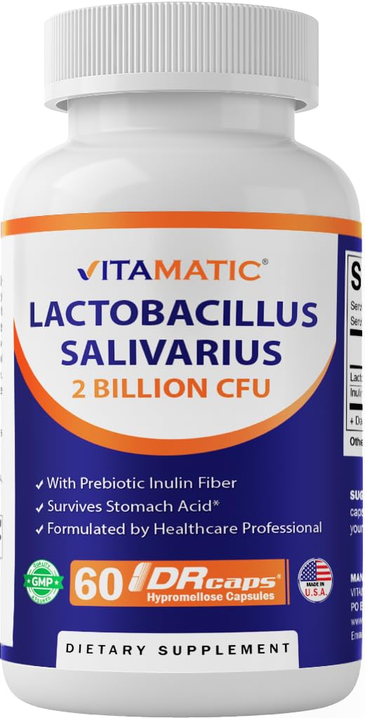 Vitamatic Lactobacillus Salivarius 2 Miliarda na DR Kapsule - 60 Počet - Podpora trávenia - Vyrobené s prebiotickým inulinovým vláknom (1 fľaša)