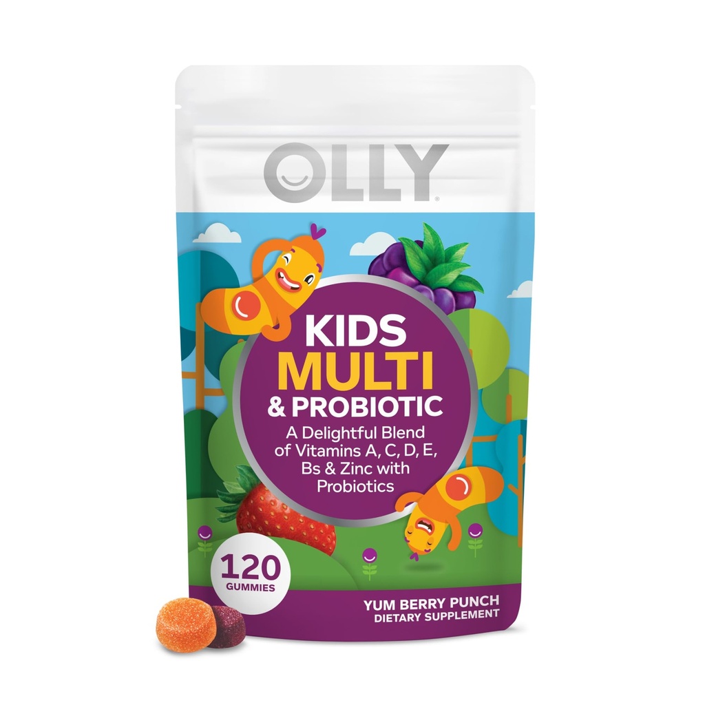 OLLY Kids Multivitamíny a probiotické Gummy, Podpora trávenia, Vitamíny A, D, C, E, B, Zinok, Žuvacie doplnky, Berry Flavor, 60 dní dodávky - 120 Počet