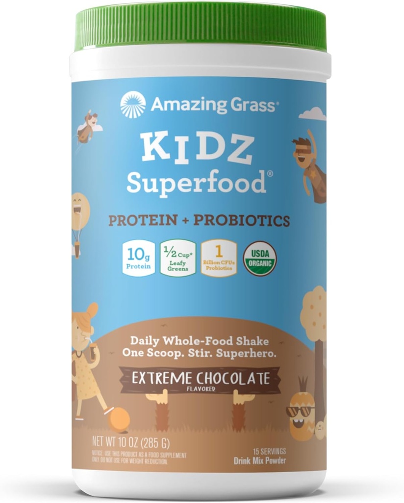 Amazing Grass Kidz Superfood: Vegánsky proteín a probiotiká pre deti s korenistým púdrom & 1/2 pohár Leafy Greens, Extrémna čokoláda, 15 porcií