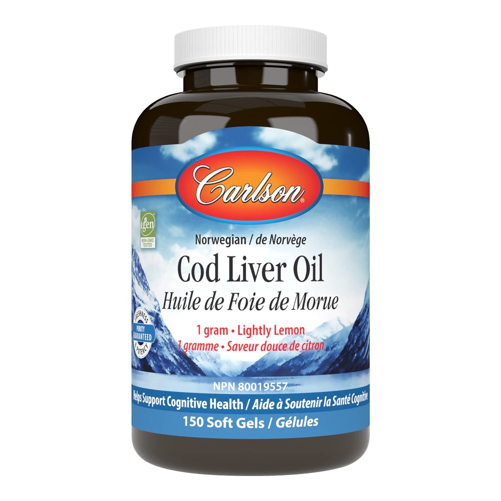 Carlson - Cod Liver Oil Gems, 460 mg Omega-3s + Vitamíny A a D3, Wild-Caught Norwegian Cod-Liver Oil, Udržateľne Zdroj Nordic Fish Oil Capsules, Citrón, 150 Soft Gels
