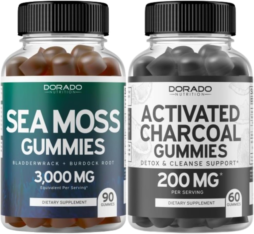 Irish Sea Moss (90 Gummies) Raw Seamoss for Thyroid, Energy & Immune Support and Activated Charcoal (60 Gummies) Healthy Detox & Cleans Support - Formulated from Organic Coconut Shells - Made in USA
