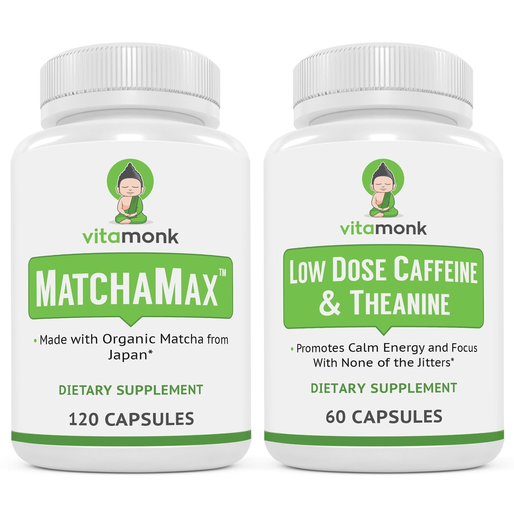 VitaMonk Energy & Focus Bundle: MatchaMax Organic Japanese Matcha Kapsule s nízkou dávkou kofeínu a teanínu