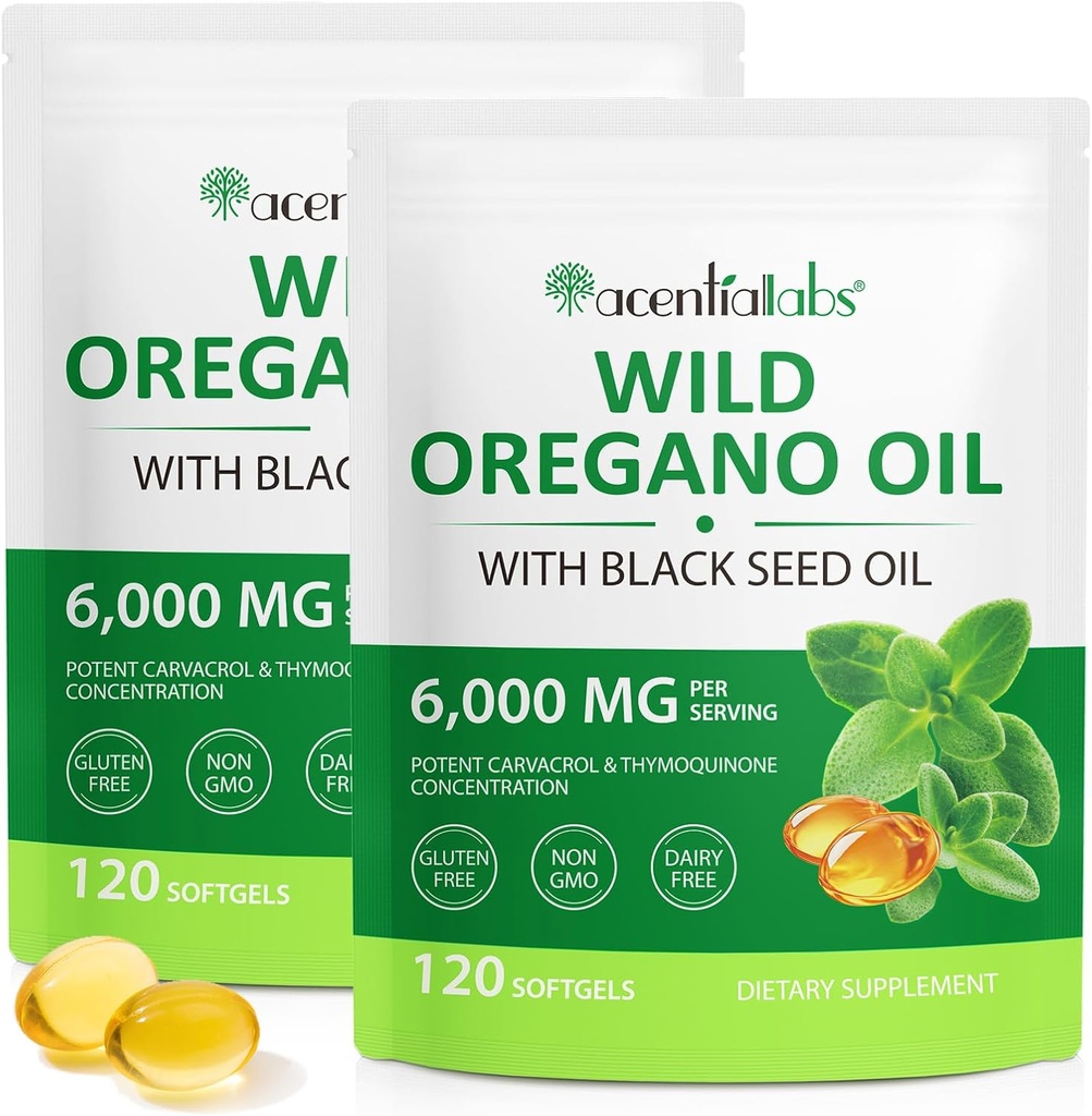 Olej z Oregano Softgels 6000mg 2 balenie, 2 v 1 Formulované s čiernym semenom olej 120 Počet, Oregano olej Kapsule Organické, Gluten bez oleja z Oregano Softgels, Non-GMO & Immune Support