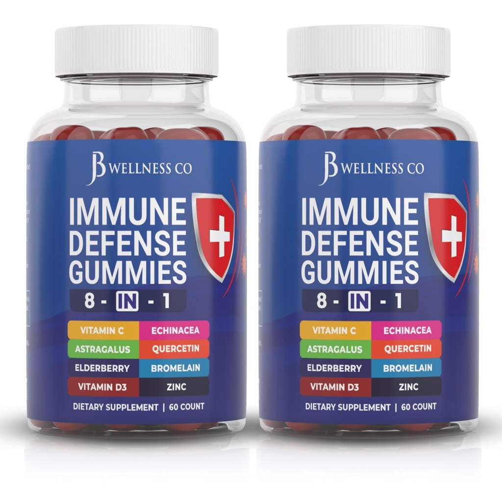 8 v 1 Imunitná obrany Booster doplnok Gumies s astragalus koreň, vitamín C a zinok, vitamín D3, bazy a Quercetin (2 balenia)