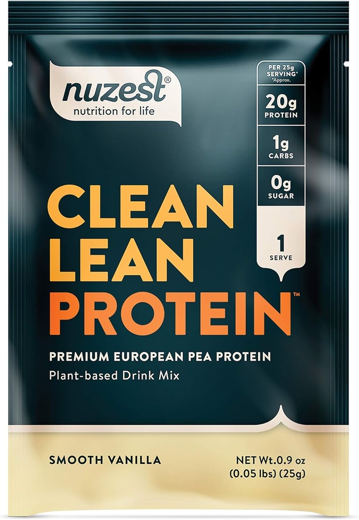 Nuzest - Pea Protein Powder - Clean Lean Protein, Premium Vegan Plant Based Protein Powder, Dairy Free, Gluten Free, GMO Free, Prirodzene Sladené Bielkoviny Shake, Smooth Vanilla, 1 Serving, 0,9 oz