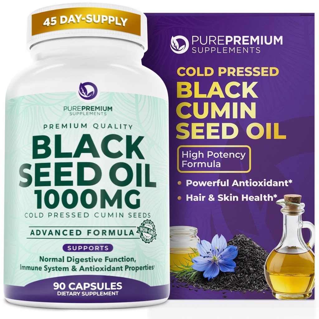 PurePremium Black Seed Oil 500mg - Organic Nigella Sativa Seeds, Cold Pressed Black Cumin Oil Extract - Vlasy / Skin Supplement pre mužov / Ženy balenie 90 kapsúl