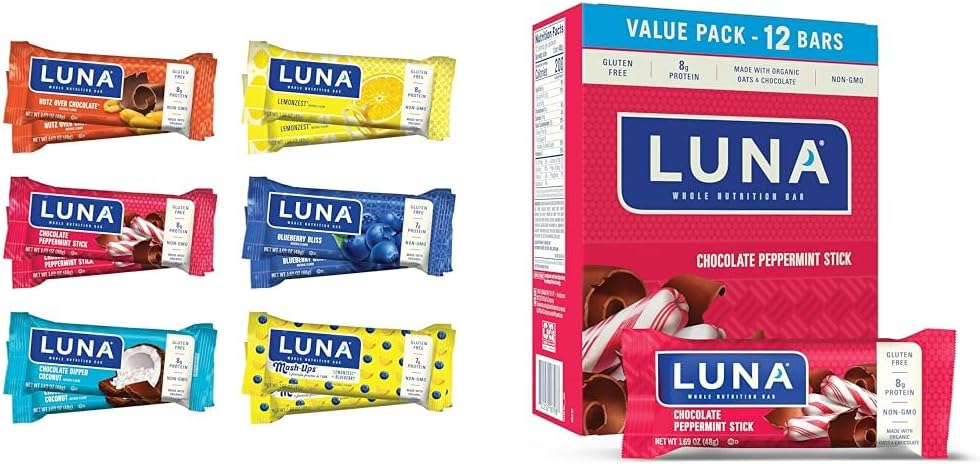 LUNA Bar Variety Pack (12 Počet) + Čokoláda Mätová tyčinka (12 balenie) - Lepidlo-Free Snack Bary