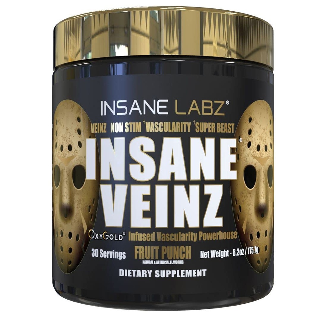 Insane Labz Insane Veinz Gold, Nestimulačný prášok oxidu dusnatého pred cvičením, zaťažený hydromaxom, nitrosigin, zvyšuje cievnosť a prietok krvi, 30 Srvgs, ovocná rana