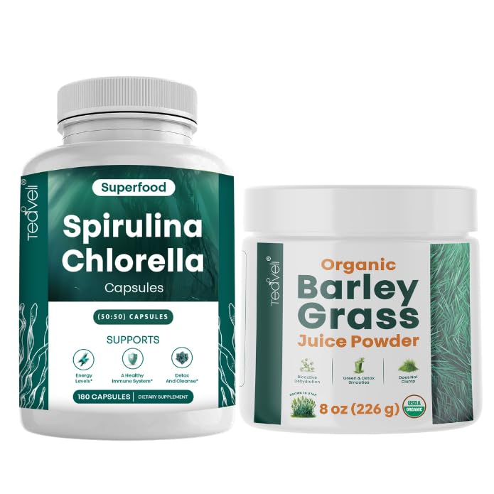 Teaveli Spirulina Chlórella Kapsule a jačmenná tráva Juice Powder Bundle