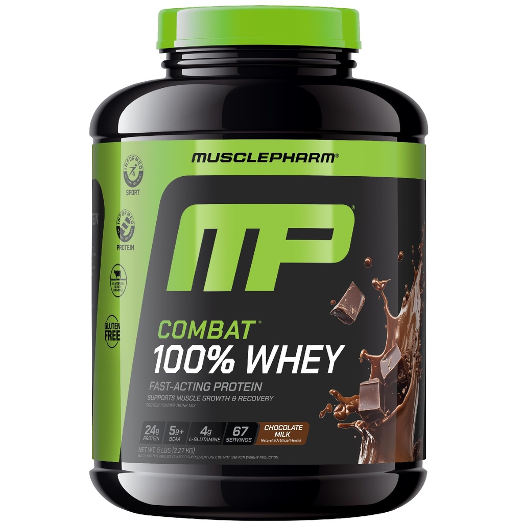 MusclePharm Combat 100% Srvátkový proteín prášok, čokoládové mlieko, rýchle zotavenie a svalový zisk s srsťou izolát, vysoký proteínový prášok pre ženy a mužov, bez lepku, 5lb, 67 Servisov