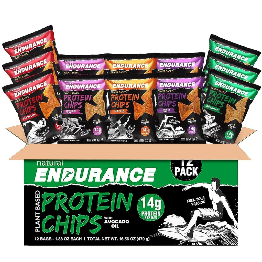 Prírodná vytrvalosť Proteín Chips - Nízke karbové Chips, High Protein Snack, Vegan Protein with Avocado Oil, 14g Protein Per Bag, Gluten Free, Nacho, BBQ, Chili, Narodeninová torta, Original - Odroda Pack, 1.38 oz Bags (Stoj 12)