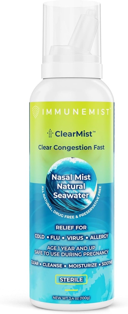 ClearMist Natural Seawater Nosal Spray pre úľavu od kongescie, Hypertonic Saline nosný sprej pre suché nosy, Hydratačné Sinus Decongestant Relief pre dospelých a deti vyrobené vo Švédsku, Bezpečné pre vek 1+