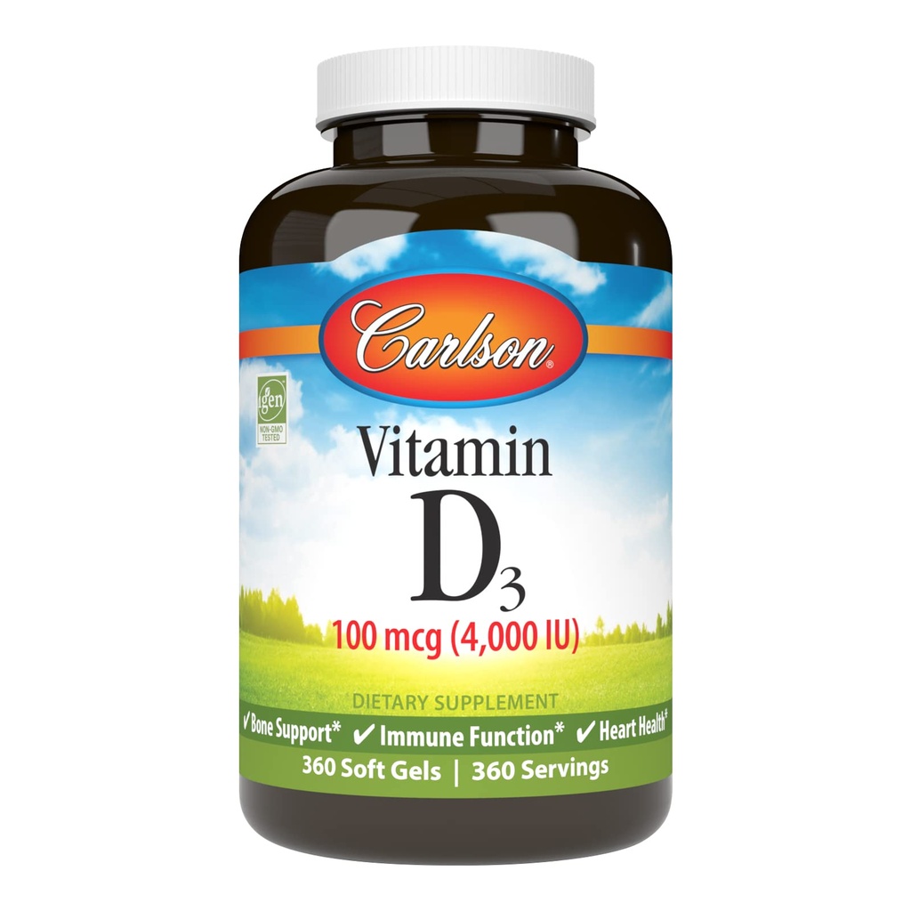 Carlson - vitamín D3 4000 IU (100 μg), imunitná podpora, zdravie kostí, zdravie svalov, cholekalciferol, vitamín D doplnky, vitamín D3 mäkké gély, 360 softgelov