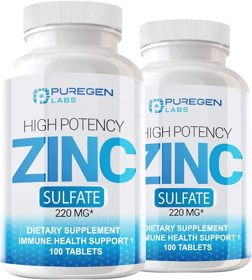 Puregen Labs Zinc Sulfate 220 mg Dietary Supplement Tablets - 100 Count (Pack of 2)