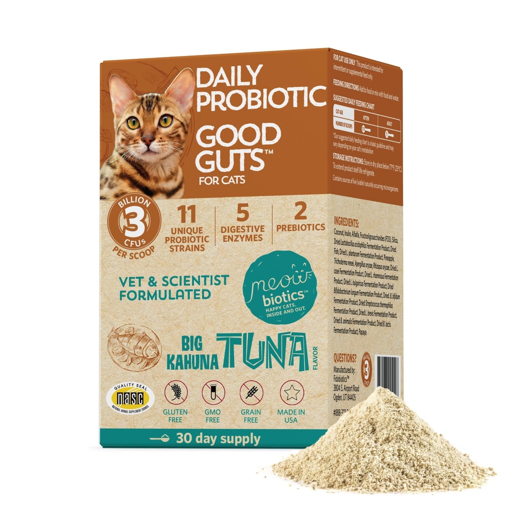 Meowbiotiká Dobré Guty pre mačky probiotický prášok, 11 probiotické kmene, 2 Prebiotiká, 5 tráviace enzýmy pre podporu trávenia, Tuna Flavor, probiotiká pre mačky, vnútorné a vonkajšie (30 dní)