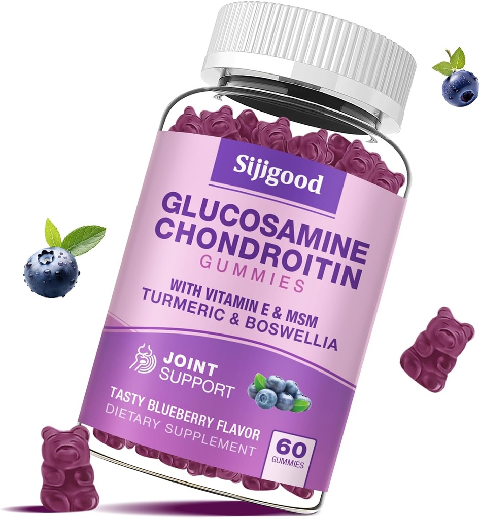 Glukozamín Chondroitín Gummies, Extra sila Glukozamín Chondroitín MSM s bazami a kurkumou, Spoločné zdravie, Flexibilita, Antioxidant, Immune pre dospelých - 60 Čučoriedkové Ochutené Gummies