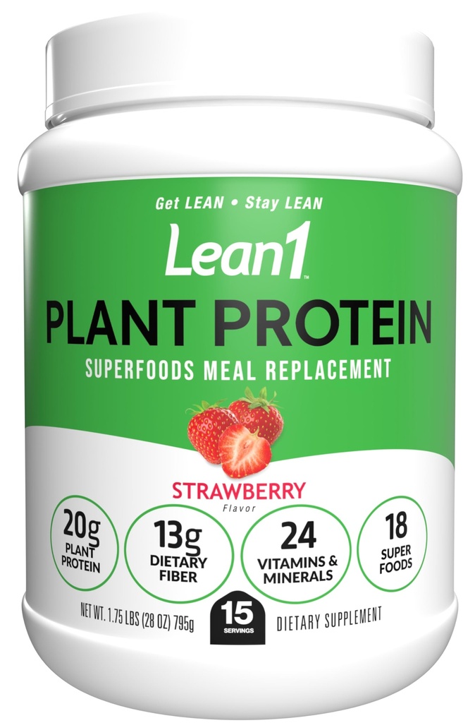 Lean1 Plant Based Protein Powder, Jedlo Replacement, Jahodová chuť, 15 porcie