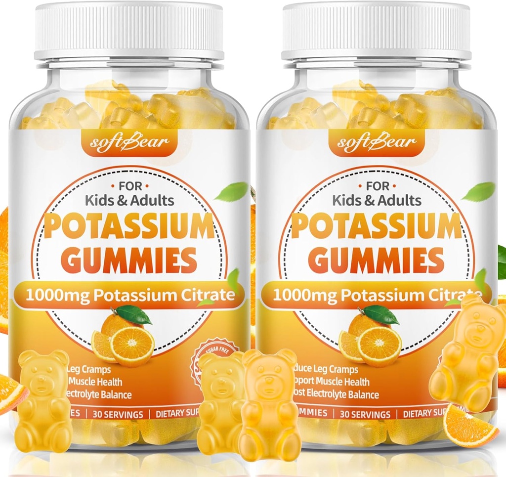 softbear Draslík Dusičnan 1000mg, bezcukrové draselné Gumies pre dospelých Podpora Noha Cramps & Sval Zdravie Vysoká potencia Draslík Supplement Gumies Orange Chladenie 120 Počet