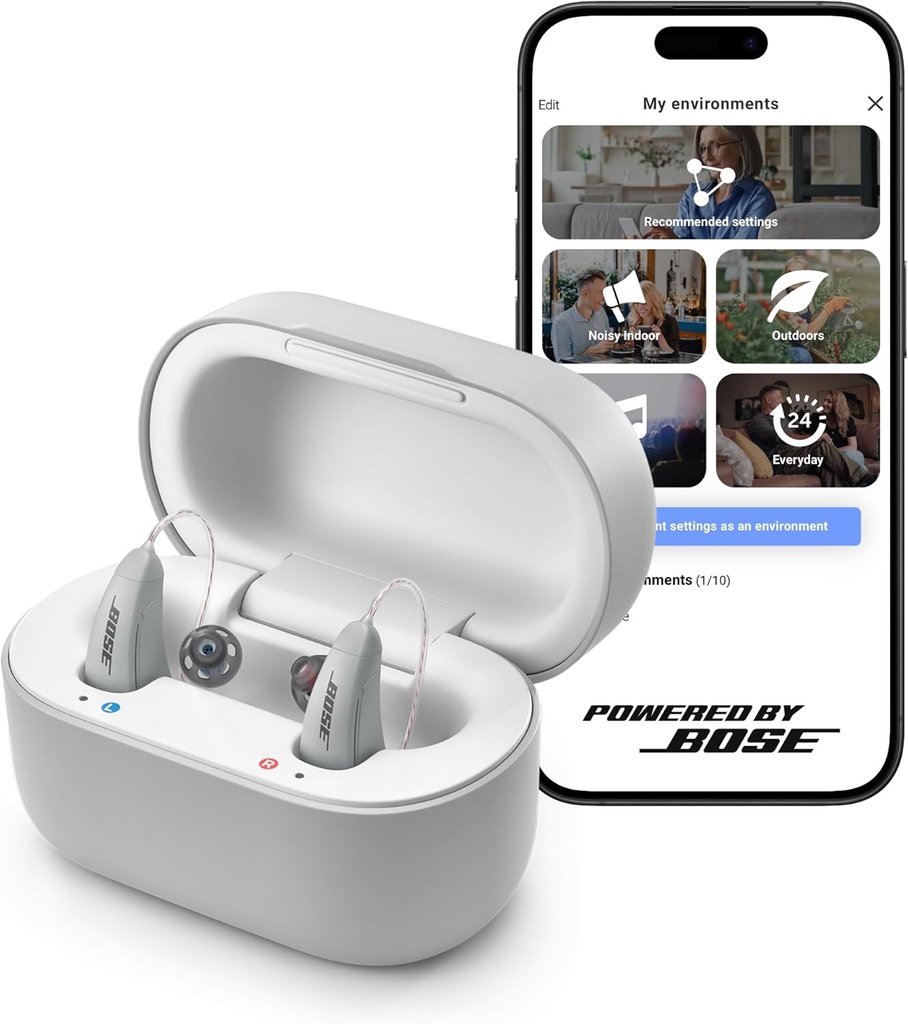 Lexie B2 OTC sluchové pomôcky Powered by Bose - Bluetooth Call Enabled for iOS, Dobíjateľné s App Control, celý deň Comfort. Self-Fit riešenie, zníženie hluku, pre miernu až stredne ťažkú stratu sluchu (Gray)