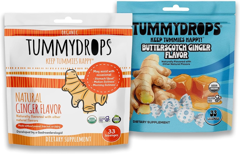 Tummydrops Organic Ginger Bundle, 1 Vrece Každý z prírodných zázvoru a Vegan Butterscotch Ginger, bez lepku, USDA Organic, Vegan