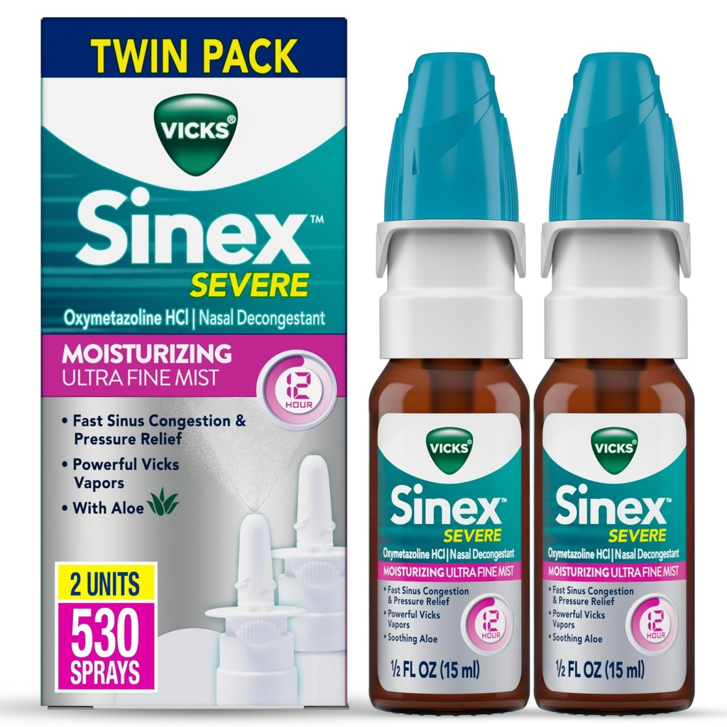 Vicks Sinex Silný nosový sprej, Hydratačné Ultra Fine Mist s Aloe, Decongestant Medicine, Relief from Stuffy Nose Vzhľadom k chladu alebo alergii, nosové kongescie a sínusový tlak Relief, 265 Sprays x 2