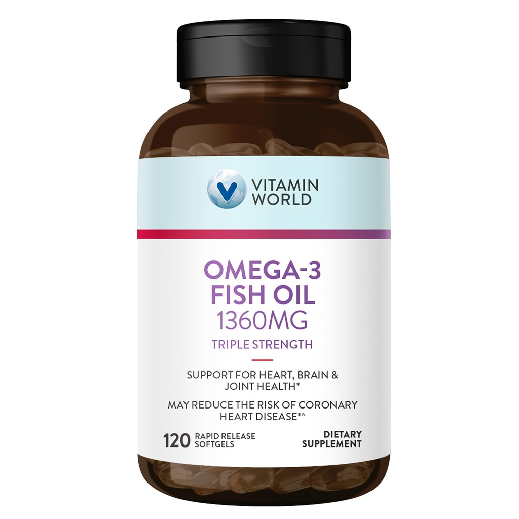 Vitamín World Triple Sila Omega 3 Rybí olej 1360 mg Supplement, 950 mg Active Omega-3 mastné kyseliny s EPA & DHA, podporuje srdce, mozog a spoločné zdravie, bez lepidla, 120 Softgels, 4 mesiace dodávky