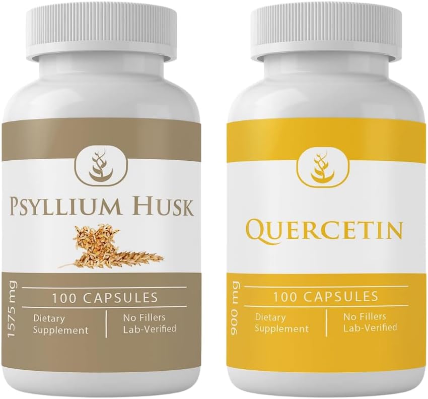 PURE ORIGINAL INGREDIENTS Psyllium Husk & Quercetin Capsule Bundle (100 Kapsule Each), bez prídavných látok alebo plnív, Lab Overené