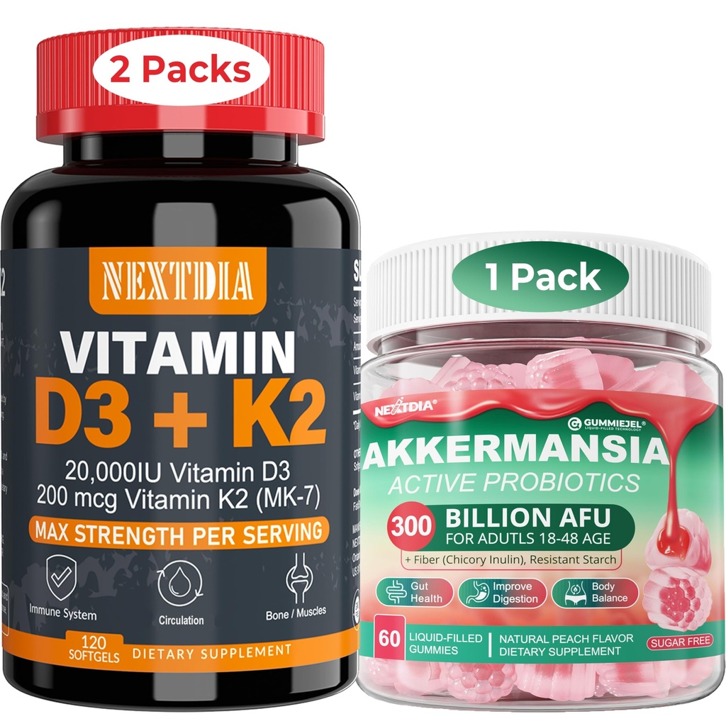 Vitamín D3 20 000 IU + K2 (MK7) 200mcg Softgels + Akkermansia Probiotiká Gummy s prebiotikami Fiber