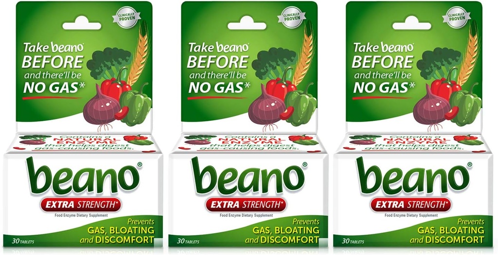 Beano Extra sila, Tráviace Enzyme Doplnok, Zabraňuje plynu, Bloating a nepohodlie (Packaging May Vary) 30 Počet Každý (Pack of 3)