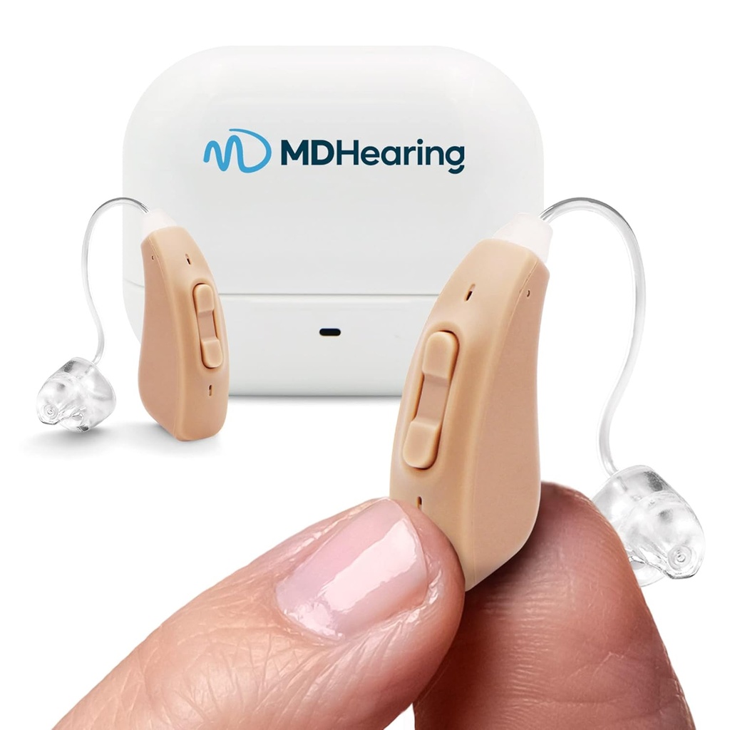 MDHearingAid AIR Hearing Aid (pár), OTC nabíjateľný, Crystal-clear Digital Sound by MDHEaring, ideálny pre okuliare, takmer neviditeľné