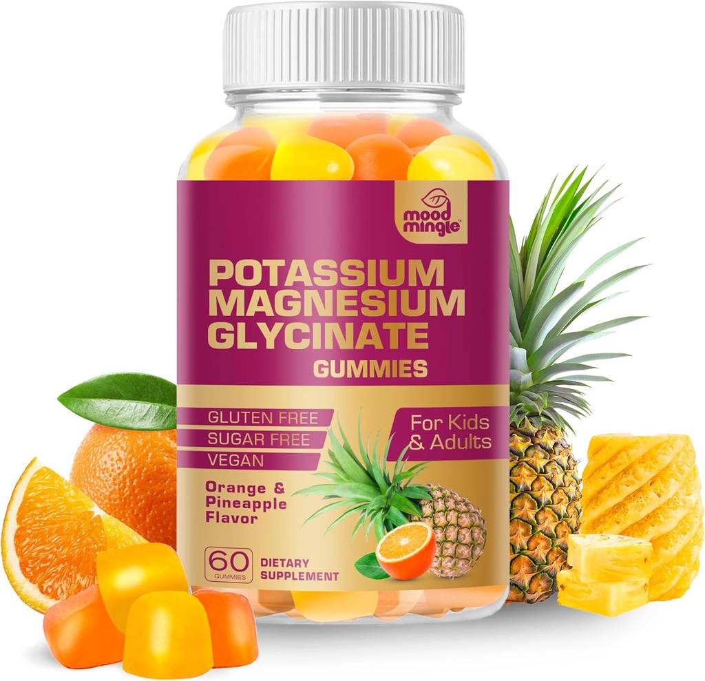 MoodMingle draslík Magnézium Glycinát Supplement Gumies - Vysoká absorpcia Draslíkové žuvačky - s vápnikovými vitamínmi B6 B12 C D3 K2 Zinok - Vegan bez cukru Glutén zadarmo pre deti Dospelí
