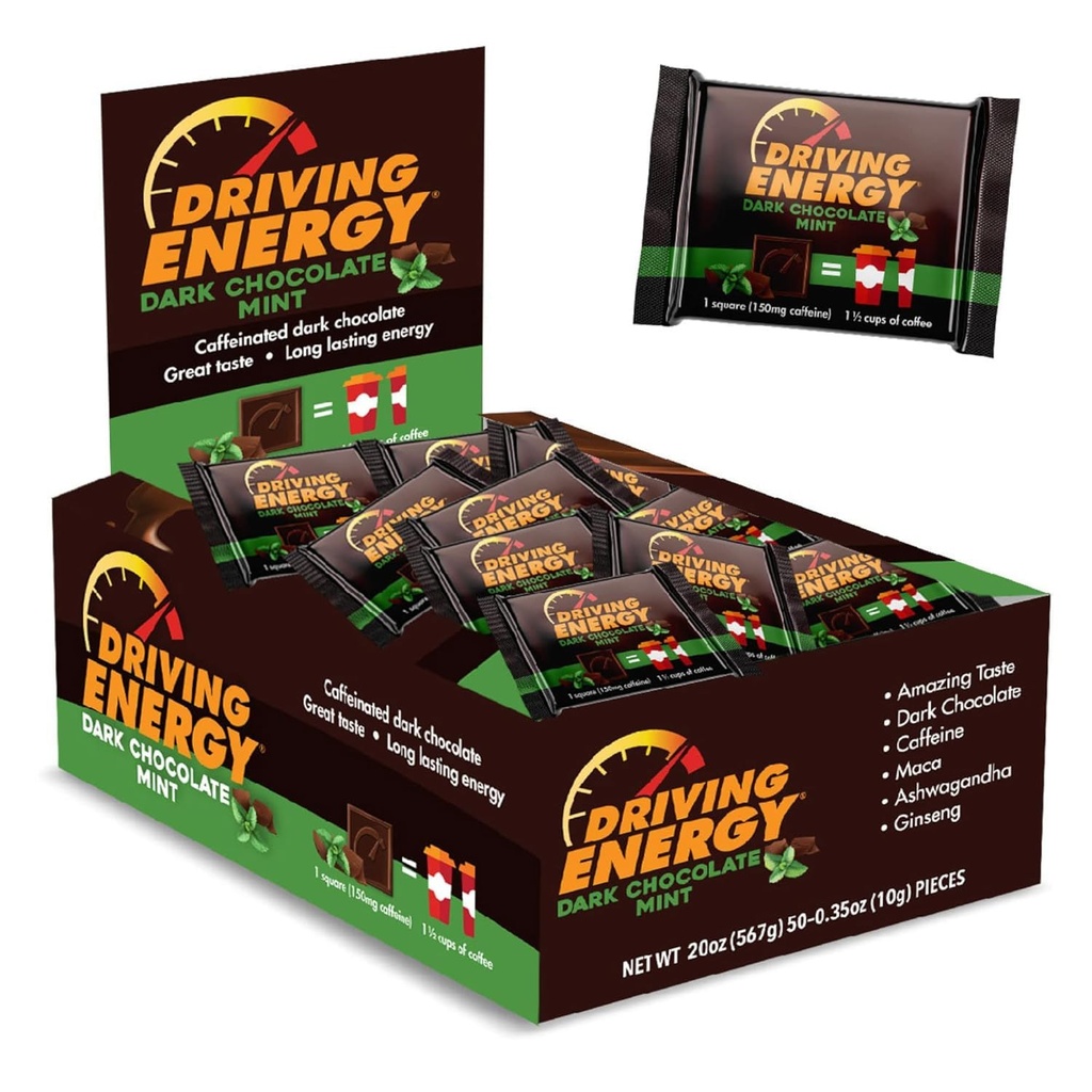Jazda na energiu - kofeínová energetická veľkosť - Tmavá čokoláda Mincovňa Energetické palivo s 150 mg kofeínu - Dlhonosná energia pre gym, Cvičenie, dospelí - Veľká chuť - Nízka hmotnosť - Zdravý Snack - 50 Počet
