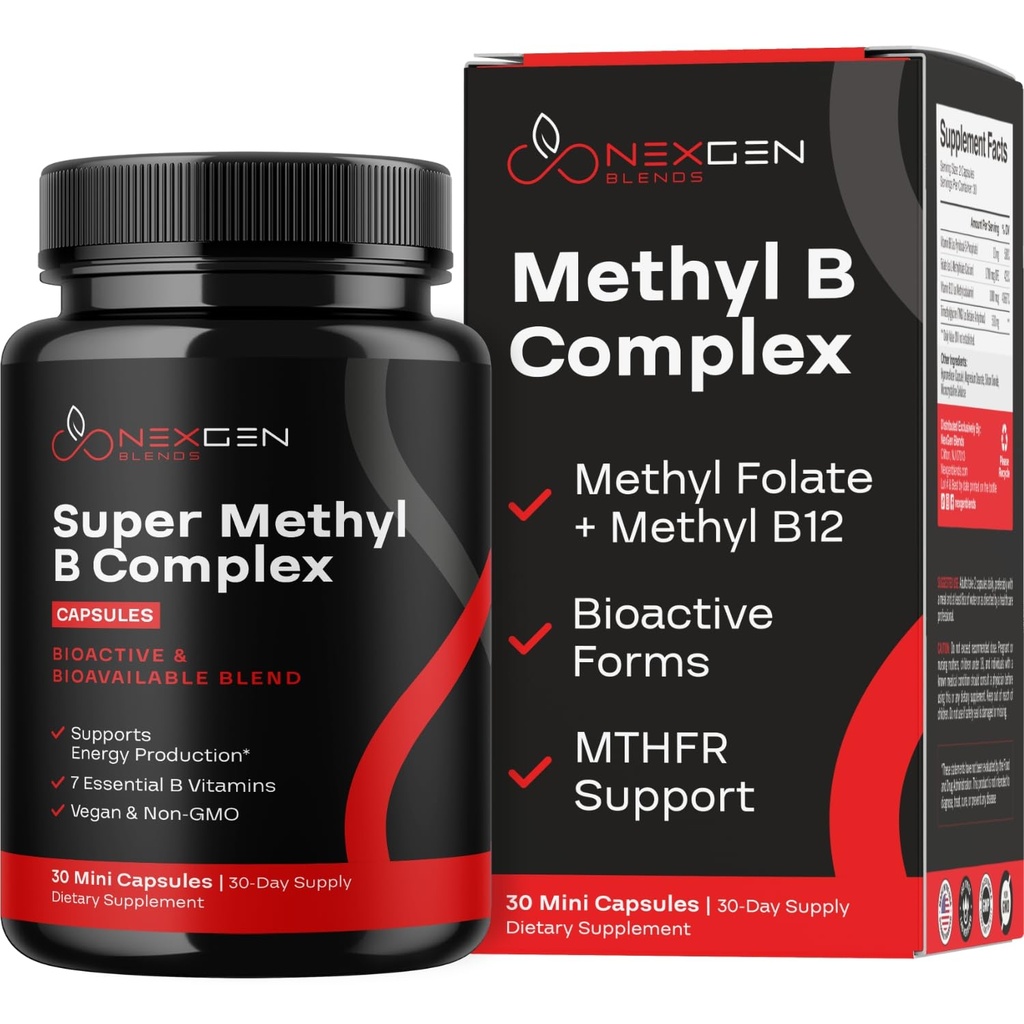 Metylované B komplexné vitamínové doplnky - bioaktívny metyl B komplex s 5- MTHF metyl folátom & B12 metylkobalamín pre energiu mozgového srdca a podporu homocysteínu - Super vitamín B komplex (30 počet)