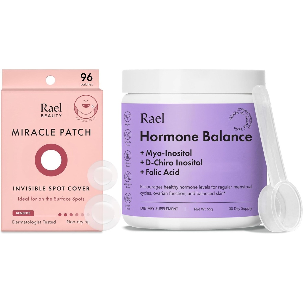 Rael Bundle - Neviditeľný Spot Cover Pimple Patches (96 Gróf) & Hormone Balance Supplement for Women, Fertility & Ovarian Support (30 Day Supply)