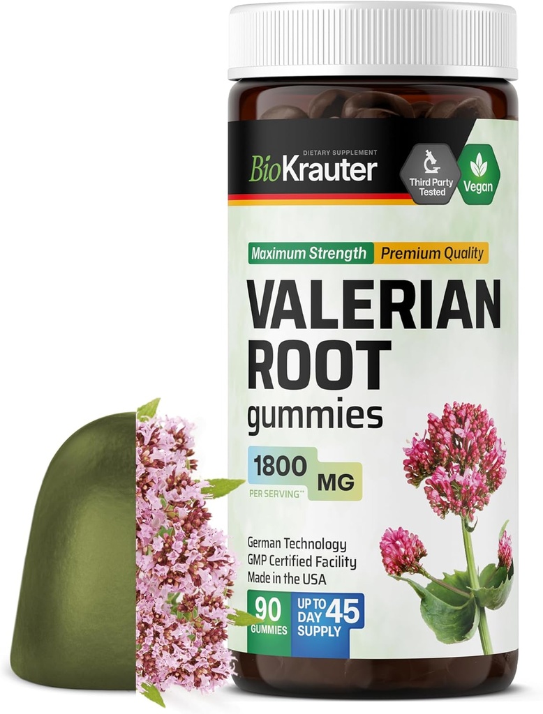 BIO KRAUTER Valerián Root Gummies - 1800 mg Sila - 90 Vegan Chews - No Melatonin - Podpora Relaxácia a pokoj - Valeriánsky koreňový extrakt