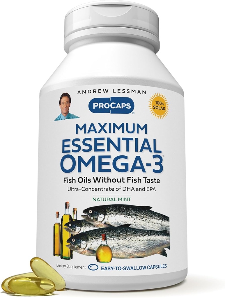 ANDREW LESSMAN Maximum Essential Omega-3 Mincovňa - 30 Softgels - Ultra-Pure, High Potency Omega-3 Oils. Vysoká DHA, žiadne žalúdočné ťažkosti, žiadne kontaminanty, žiadna ortuť. Malé ľahko prehltnúť Softgels