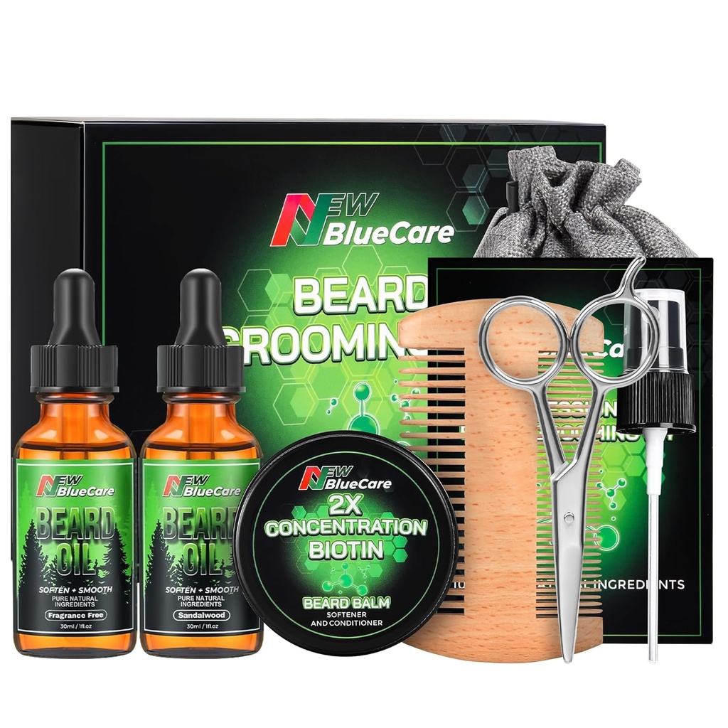 Beard Care Kit - obsahuje (1) každý z medvedích olejov (Sandalwood a nevoňajúce), biotín brada rast balzam, Comb a nožnice pre úpravu zovňajšku a orezávanie - brada starostlivosť o ocko darčeky pre mužov mu otec manžel