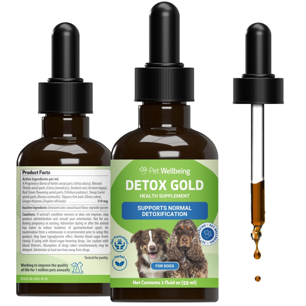 Pet Wellbeing Detox Gold pre psy - Jemná podpora detoxikácie a eliminácie, Imunitný systém starostlivosti, Nettle, blahoslavený bodliak, Burdock Root - Veterinarian-formulované bylinné doplnok 2 oz (59 ml)