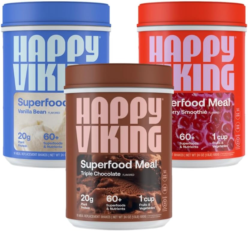 Šťastná Viking čokoláda, Vanilka a Strawberry Powder, od Venuše Williams, 20G Protein, Low Carb, Keto, Vegan, Gluten-Free, Superfoods, Complete Meal Replacement, 3 kanistre (24 oz. Každý)