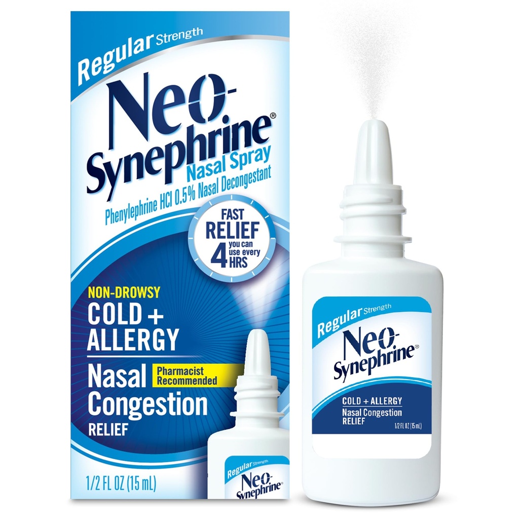 Neosynefrín Nosový sprej na úľavu od studených a sínusových dutín, pravidelná sila, 0,5 Fl Oz